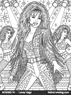 Coloring page: pop singer with big teased hair and a headset mic in a fringed jacket, backup dancers under stage lights